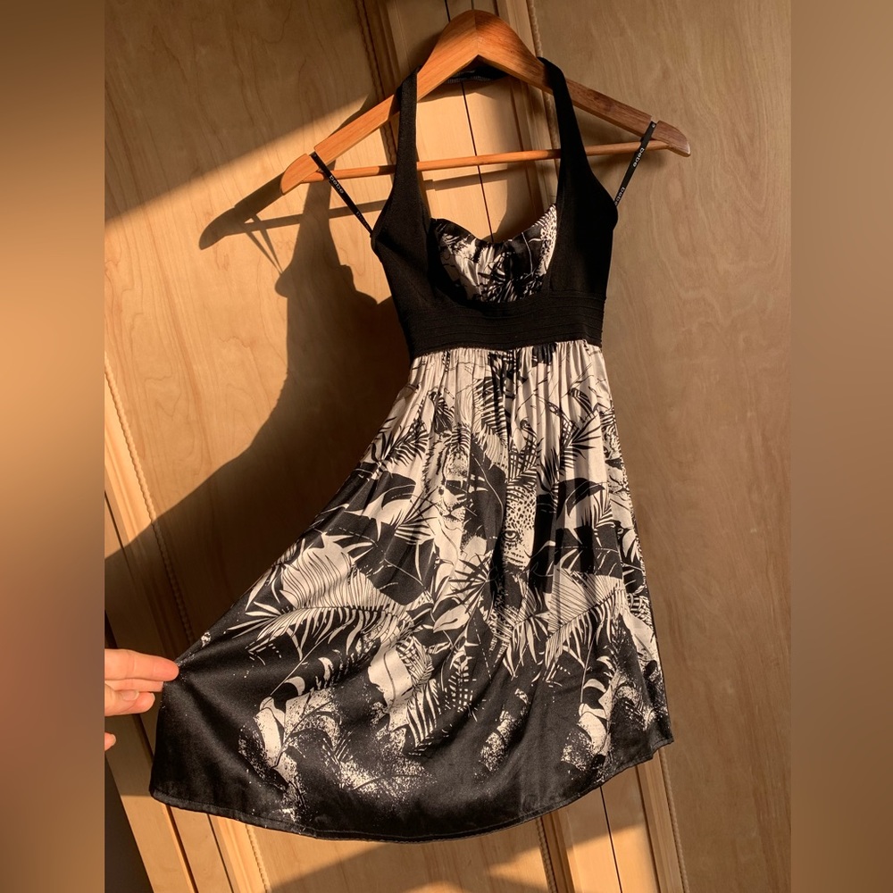 bebe halter mini dress with jungle print.